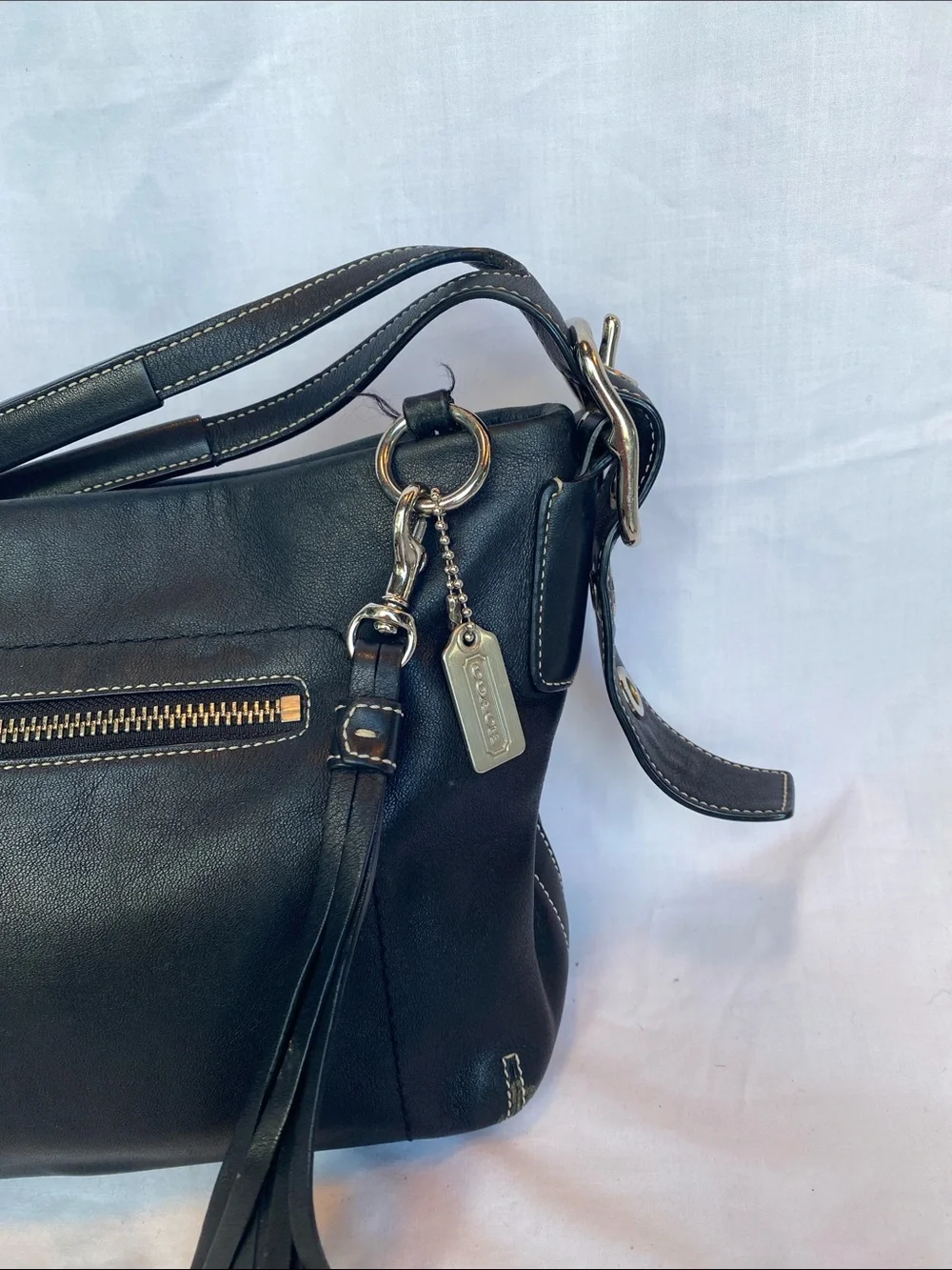 Coach East West 1417 Black Leather Shoulder Bag with Tassel Charm and Zip Pocket